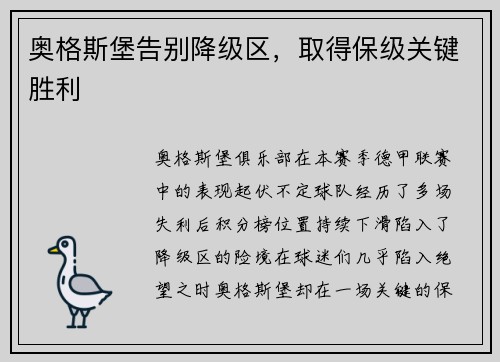 奥格斯堡告别降级区，取得保级关键胜利